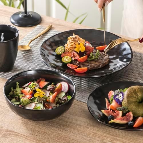 vicrays Ceramic Dinner Plates Set, 10 Inch, Microwave, Oven, Dishwasher Safe, Round, Porcelain Fluted Suitable for Steak, Pasta, Pizza, Home, Restaurant - Set of 6 Black - Image 3