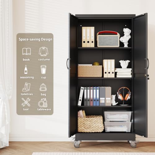 Metal Storage Cabinets with Wheels, Steel Tool Cabinets Lock Door and 3 Adjustable Shelves for Home Office, Garage, Kitchen (Black, 61" H) - Image 4