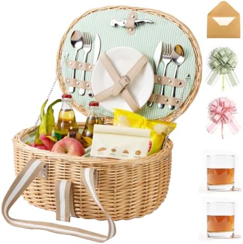 Picnic Basket for 2, Insulated Willow Hamper Set, Natural by WeaveNove