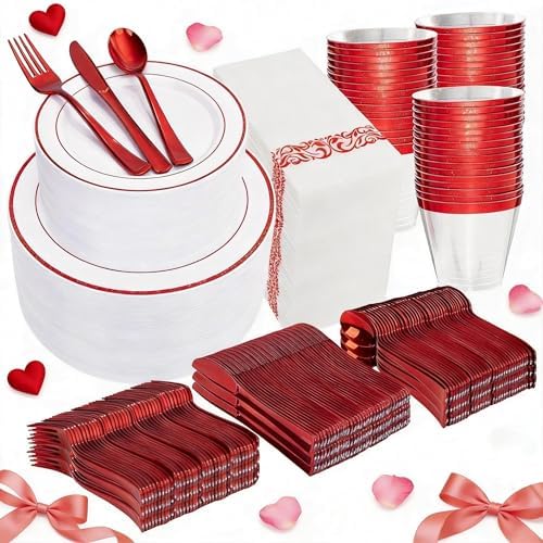 WELLIFE 700 Pcs Red Plastic Plates for 100 Guests - Plastic Dinnerware Set,Party Supplies Includes 200 Red Disposable Plates,300 Silverware,100 Napkins,100 Cups,Valentines Plates by WELLIFE