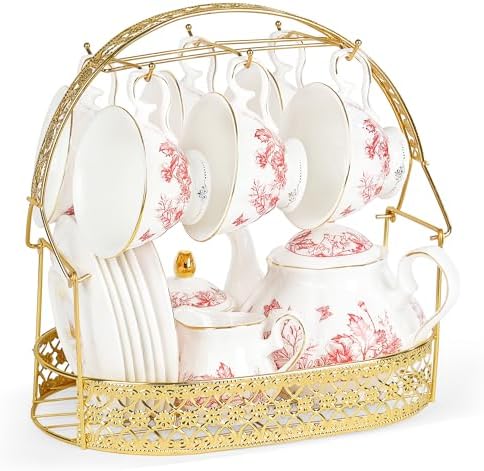 fanquare 22 Piece Vintage Red Floral Porcelain Tea Set with Holder by fanquare