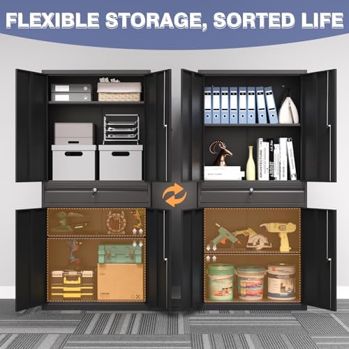Metal Storage Cabinet with Drawer, Garage Storage Cabinet with Locking Doors and Adjustable Shelves,Tool Steel Cabinet for Garage, Home Office,Warehouse (Black) - Image 5