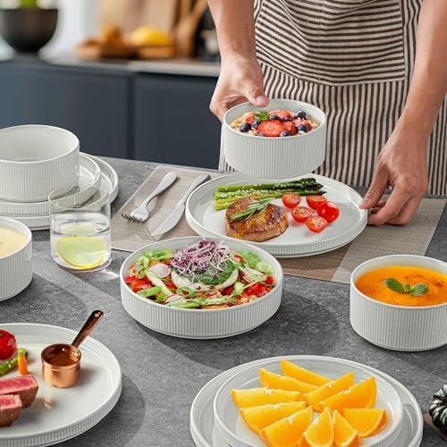 LIANYU 24 Piece Dinnerware Sets with Double Bowls, Ceramic Plates and Bowls Set for 4, Ribbed Stoneware Dishes for Home Kitchen, Microwave and Dishwasher Safe, Speckled White - Image 3
