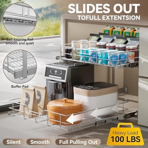 2 Tier Pull Out Cabinet Organizer 15" W X 17" D, Chromed, Full Slide Out - Image 3