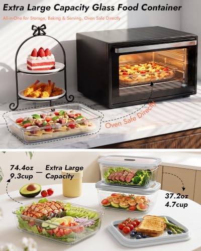 4-Pack Glass Food Storage Containers with Tempered Glass Lids, 2x 4.7 Cup & 2x 9.3 Cup, Airtight, Oven & Microwave Safe Borosilicate Glass (-4°F to 950°F) - Image 3
