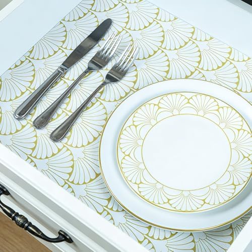 Shelf Liners Non Adhesive Gold Background White Fan-Shaped Pattern - Image 5