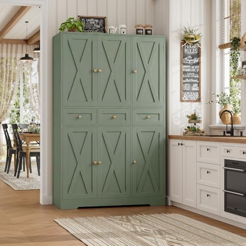 HOSTACK 67"H Farmhouse Kitchen Pantry Storage Cabinet with 3 Drawers, Green - Image 2