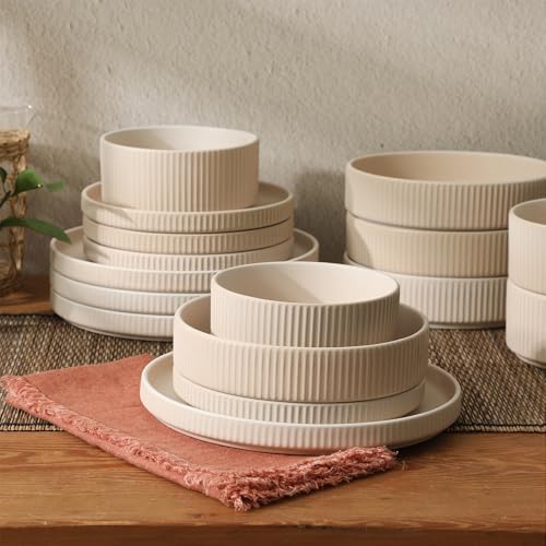 Gibson Elite Deerfield 16-Piece Stoneware Dinnerware Set – Cream White Reactive Glaze Plates and Bowls, Stackable Design, Service for 4 – Dishwasher & Microwave Safe - Image 6