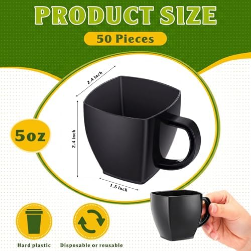 Amyhill 50 Pcs 5 oz Disposable Plastic Tea Cups with Handle, Black - Image 2