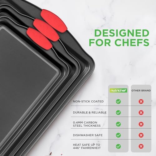NutriChef 3‑Piece Nonstick Cookie Sheets – Carbon Steel Baking Sheet Set with Non Stick Coating & Red Silicone Handles – Oven Pans for Family Baking - Image 6