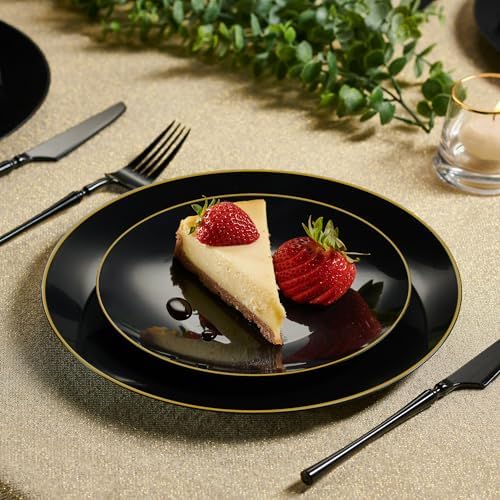 PLASTICPRO 64 Piece Combo Plate Set includes 32-7'' inch & 32-10'' inch Dinner Plates Black Plastic With Gold Rim Design Party Plates, Premium heavyweight Elegant, Disposable Plastic Construction - Image 2