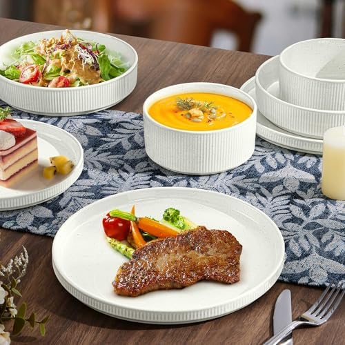 LIANYU Dinnerware Plates and Bowls Dishes Set, 8 Piece Stoneware Sets with Pasta Bowls for 2, Ribbed Ceramic Kitchen Dishware for Home, Microwave and Dishwasher Safe, Speckled White - Image 3