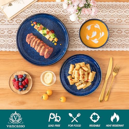 vancasso Starry 12 Pieces Dinnerware Sets for 4, Blue Reactive Glaze Dishes Sets, Ceramic Plates and Bowls Set, Dinner Salad Dessert Plates, and Cereal Bowls Set, Dishwasher and Microwave Safe - Image 3
