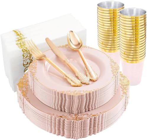 Morejoy 175pcs Pink Plastic Plates - Pink and Gold Disposable Plates sets by Morejoy