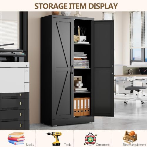 Black Metal Storage Cabinet, 63" Kitchen Pantry Cabinets for Office - Image 3