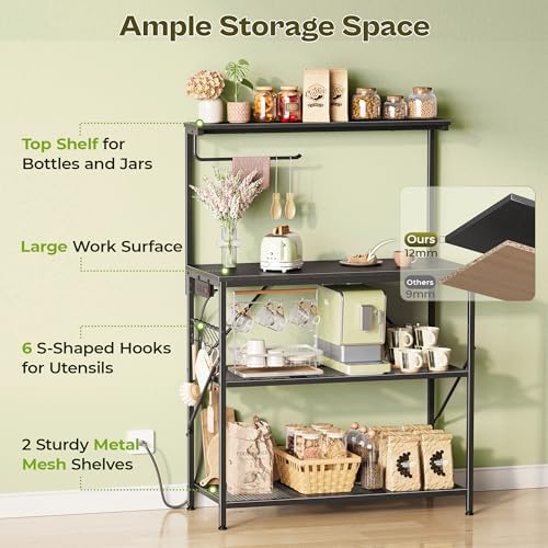 Huuger 4-Tier Bakers Rack with Reversible Power Outlet, 31.5 Inch Microwave Stand, Kitchen Coffee Bar, with Top Shelf, 6 S Hooks, Black - Image 5
