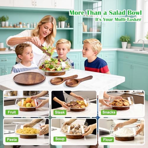 Extra Large Glass Salad Bowl with Lid Set, 5-Qt (160 fl oz) Mixing/Serving Bowl with Wood Base & Salad Servers, Trifle Bowl for Kitchen, Parties & Christmas - Image 6