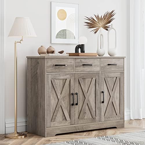HOSTACK Kitchen Buffet Cabinet with Storage, Sideboard Coffee Bar, Grey - Image 6