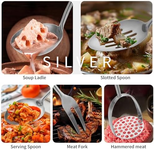 304 Stainlss Steel Kitchen Utensils Set, 12 Pcs Long Metal Cooking Utensil Gadgets Tools Set with Spatula, Ladle, Spoon, Ladle, Skimmer, Tunner, Pasta Server, Tongs(Silver, Dishwasher Safe) - Image 3