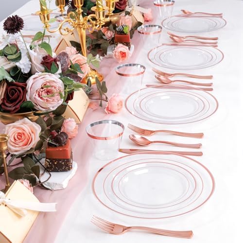 bUCLA 600PCS Clear Rose Gold Plastic Dinnerware Set Disposable - Include 100 Dinner Plates, 100 Dessert Plates, 100 Knives, 100 Forks, 100 Spoons, 100 Cups for Party & Wedding - Image 4