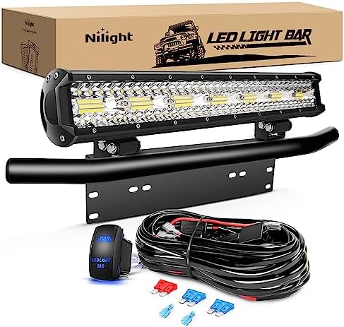 Nilight 20 Inch 420W Triple Row Flood Spot Combo 42000LM Light Bar Driving Boat Led Off Road Lights with Front License Plate Frame Bracket and Switch Wiring Harness Kit by Nilight