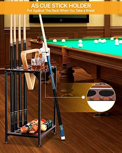 EXTCCT Pool Cue Rack Floor Stand, Metal & Wood, 12 Cues & Ping Pong, Brown - Image 3
