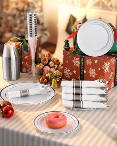 Goodluck 320 PCS Disposable Silver White Plastic Dinner Plate for 40 Guests - Image 5