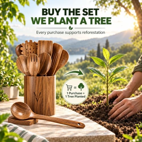 XXL Wooden Utensil Set, 13-Piece Acacia Wood Tools with Holder & Spoon Rest - Image 3