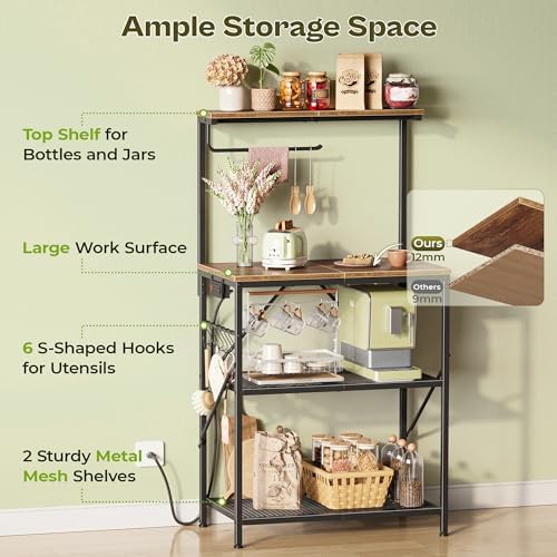 Huuger 4-Tier Bakers Rack with Reversible Power Outlet, 23.6 Inch Microwave Stand, Kitchen Coffee Bar, with Top Shelf, 6 S Hooks, Rustic Brown - Image 6