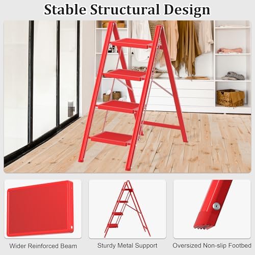 DIAMONDFORGE 4 Step Ladder, Folding Step Stool with Anti-Slip Wide Pedal, Soft Handle, Anti-Slip Feet, Sturdiest Steel Construction, 800lbs Capacity Steel Ladder for Home and Office, Red - Image 4