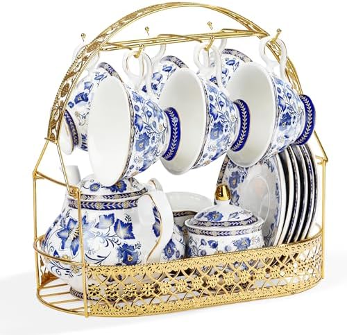 fanquare Porcelain Tea Sets,Blue British Coffee Cups& Saucer Service for 6, with Teapot,Sugar Bowl,Creamer Pitcher and Golden Metal Rack by fanquare