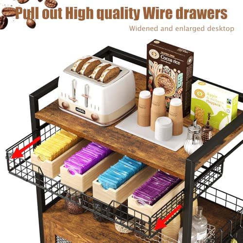 Hencawima Coffee Bar Cabinet, 3 Tier Coffee Station Table on Wheels, 35.9" H Bar Cart with Wire Basket Drawer & 5 Hooks for Home Kitchen, Liquor Buffet Sideboard Cabinet (Rustic Brown) - Image 2