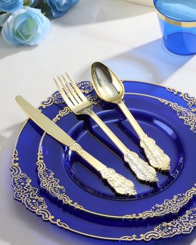 Goodluck 350 Piece Clear Blue Plastic Dinnerware Set for 50 Guests - Image 6