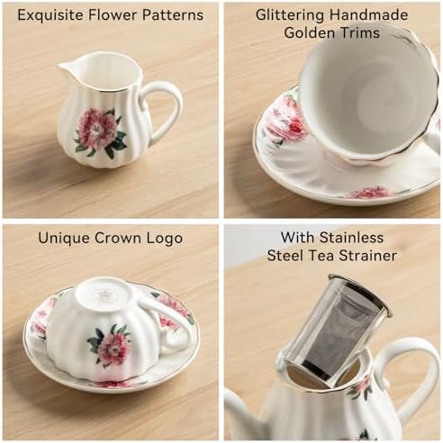 Sweejar Home Porcelain Tea Sets British Royal Series, 8 OZ Cups & Saucer Service for 6, with Teapot Sugar Bowl Cream Pitcher Teaspoons and Tea Strainer, Suitable for High Tea, Wedding, Party - Image 4