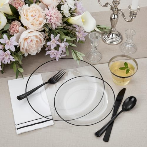 NOCCUR 350PCS Clear and Black Plastic Plates - Disposable Dinnerware Set for 50 Guests Include 100 Dinner/Dessert Plates,150 Black Cutlery,50 Cups&50 Napkins Ideal for Party/Birthday/New Year - Image 3