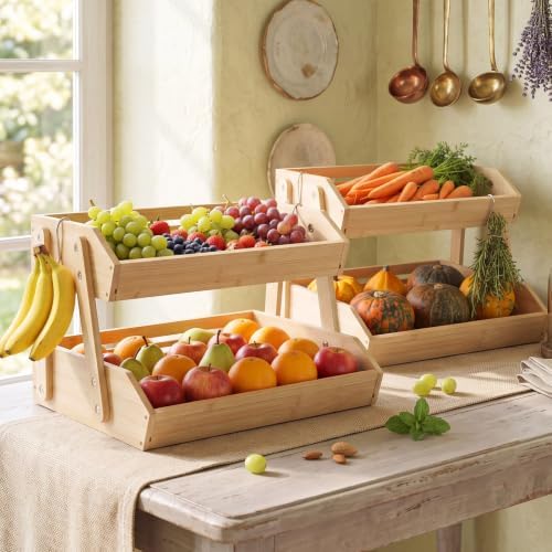 Marsui 2 Pcs 2 Tier 16" Bamboo Fruit Basket for Kitchen Counter, Wood by Marsui