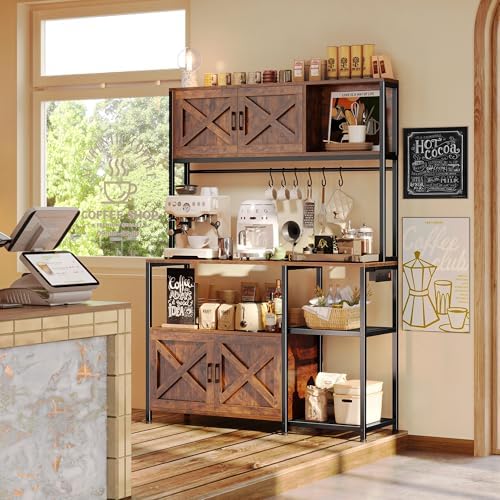 Huuger Large Bakers Rack with Power Outlet, Kitchen Microwave Stand with Cabinets, Coffee Bar Table Station with Storage, 6 S-Shaped Hooks, Mesh Shelves, 45 Inch Wooden Top, Rustic Brown - Image 6