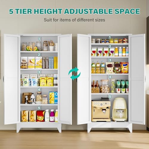 SISESOL 75" Tall Pantry Cabinet,Farmhouse Kitchen Pantry Storage Cabinets with 2 Doors and 5 Shelves,White Metal Storage Cabinet,Large Cupboard for Home,Kitchen,Dining/Living Room - Image 5