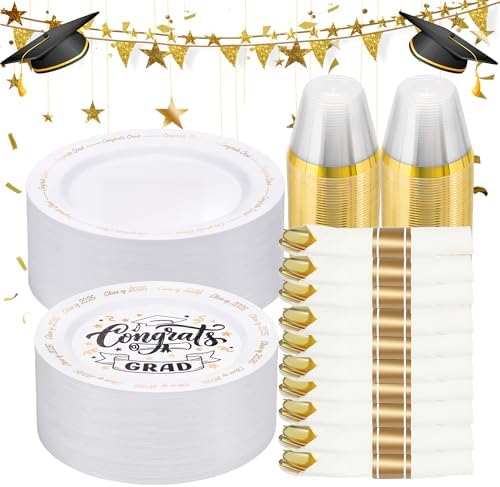 Goodluck 350 Piece Graduation Gold Plastic Dinnerware Set for 50 Guests by GoodLuck