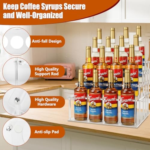 Coffee Syrup & Wine Rack Organizer, Bottle Stand Shelf, Acrylic 4 Tier 16 Bottle, Display Holder with Anti-Fall Fixed Slots, Stepped Storage, Home Kitchen Decor, Accessories Mini Bar for Countertop - Image 6