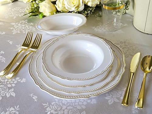 " OCCASIONS " 200pcs set (25 Guest)-Wedding Disposable Plastic Plates & cutlery - 10.25'', 7.5'' +paper napkins, Gold rim cups & Silverware (Rochelle White and Gold) - Image 3