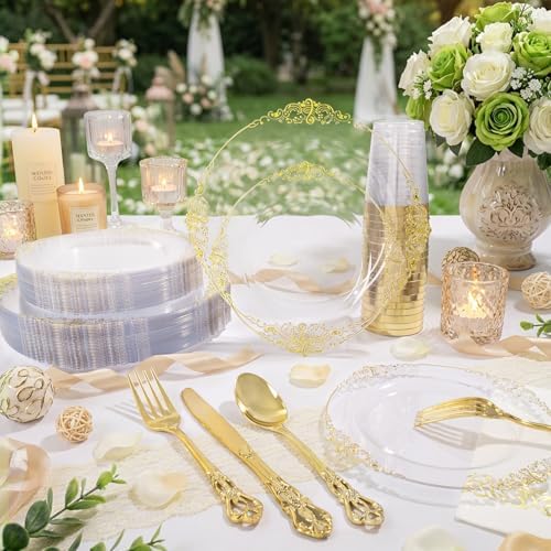 YOUBET 700 PCS Clear Gold Plastic Plates for Wedding Party - Image 5