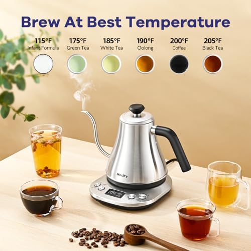 Mecity Electric Gooseneck Kettle With LCD Display Automatic Shut Off Retro Coffee Kettle Temperature Control Hot Water Boiler to Pour Over Tea, 1200 Watt Quick Heating Tea Pot, 0.8L, Stainless Steel - Image 6
