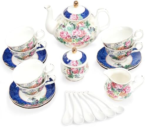 fanquare 21-Piece Blue Lace Porcelain Tea Set, China Coffee Cup and Saucer Set for 6, Pink Flower Tea Sets for Adults Women by fanquare