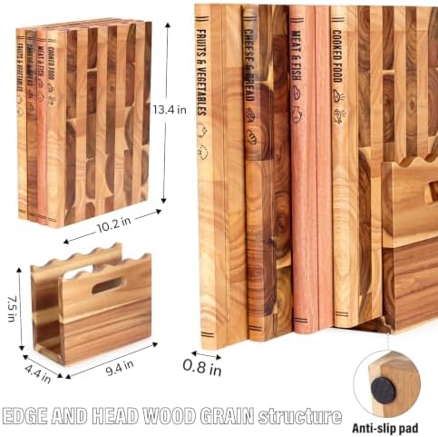 4Pcs Book Cutting Board Set with Stand - The Cutting Board Library, Solid Wood Book-Shaped Boards for Serving & Display, Labeled for Meat & Fish, Bread & Cheese, Cooked Food, Fruits & Vegetables - Image 2