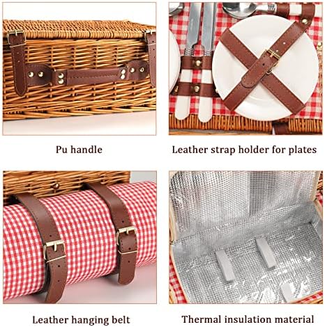 Red Plaid Wicker Picnic Basket for 4 with Waterproof Blanket - Image 4