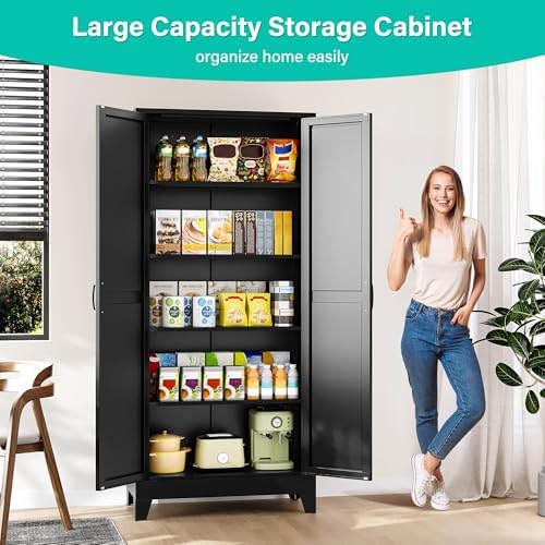 SISESOL 72" Tall Pantry Cabinet,Wide & Deep Farmhouse Kitchen Pantry Storage Cabinets with 2 Doors and 5 Shelves,Black Metal Storage Cabinet,Large Cupboard for Home,Kitchen,Dining/Living Room - Image 2