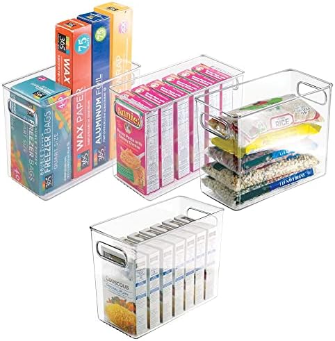 mDesign Plastic Tall Food Storage Organization Container Bin with Handles for Kitchen, Pantry, Cabinet, Fridge/Freezer, Countertop - Organizer for Snacks/Appliances, Ligne Collection, 4 Pack, Clear by mDesign