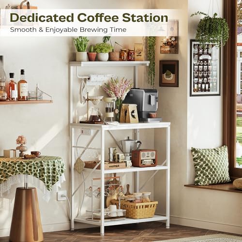 Huuger 4-Tier Bakers Rack with Reversible Power Outlet, 23.6 Inch Microwave Stand, Kitchen Coffee Bar, with Top Shelf, 6 S Hooks, White - Image 7