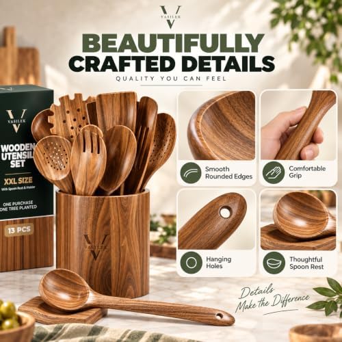 XXL Wooden Utensil Set, 13-Piece Acacia Wood Tools with Holder & Spoon Rest - Image 6